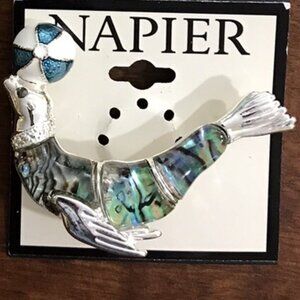 NAPIER Nautical Seal With Beach Ball Silver Abalone Shell & Enamel Brooch Pin